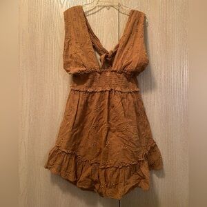 AERIE Happy Everywhere Eyelet Halter Mini Dress Brown Size Small Women’s Lined